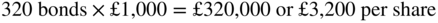 320 bonds times pound-sign 1 comma 000 equals pound-sign 320 comma 000 or pound-sign 3 comma 200 per share