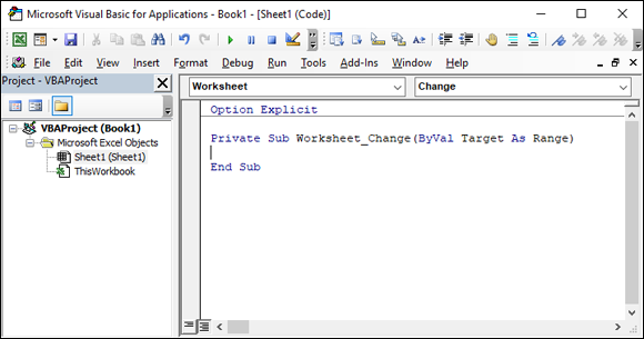 Snapshot of Enter or paste your code in the Worksheet_Change event Code pane.