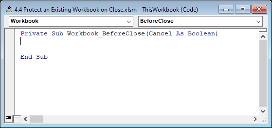 Snapshot of Type or paste your code in the Workbook BeforeClose event Code.