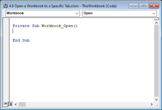 Snapshot of Type or paste your code in the Workbook Open event Code pane.