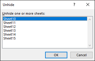 Snapshot shows without a macro, you’re stuck using Excel’s Unhide dialog box to unhide one worksheet at a time.