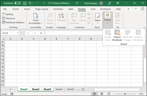 Snapshot of the Protect Sheet command is disabled if you try to protect more than one sheet at a time.