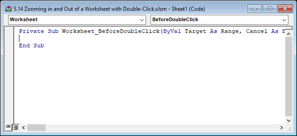 Snapshot of Type or paste your code into the Worksheet_BeforeDoubleClick event code window.