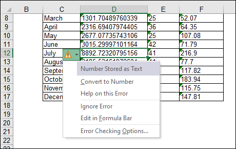 Snapshot of Imported numbers are sometimes formatted as text.