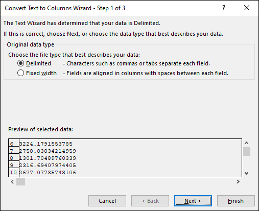 Snapshot of Clicking Finish in the Text to Columns dialog box corrects incorrectly formatted numbers.