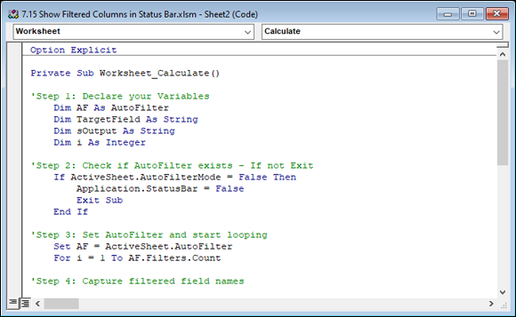 Snapshot of Type or paste your code in the Worksheet_Calculate event Code pane.