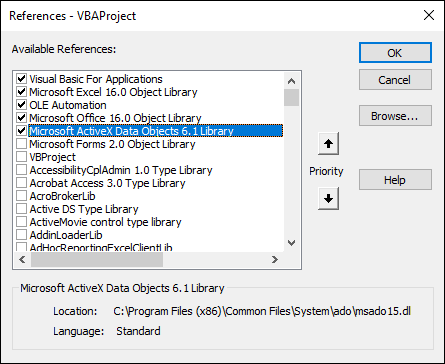 Snapshot of Select the latest version of the Microsoft ActiveX Data Objects Library.