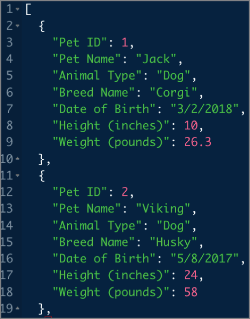 Snapshot of pet data JSON example