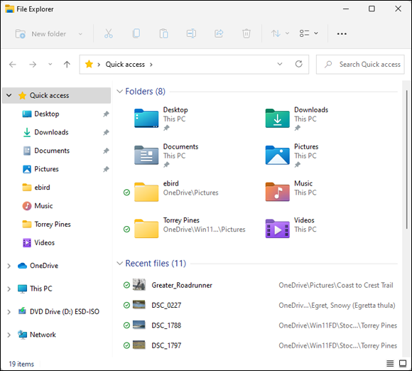 Snapshot of the File Explorer window displays popular storage areas and your most recently opened files.