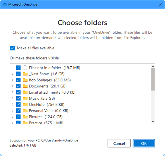 Snapshot of placing a check mark next to the folders you want to stay on both your computer and OneDrive.