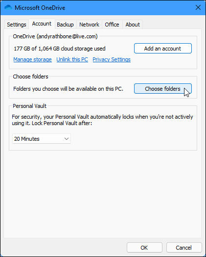 Snapshot of the Microsoft OneDrive Settings window lets you change how OneDrive communicates with your computer.