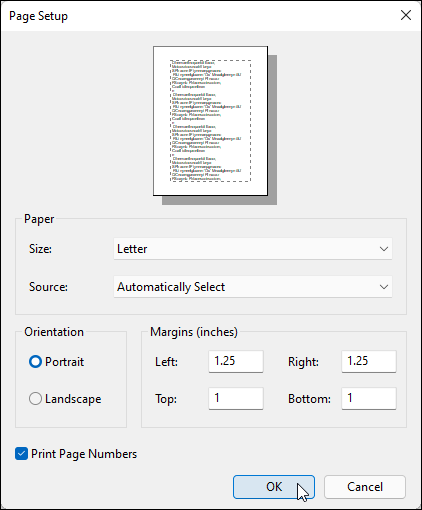 Snapshot of the Page Setup window allows you to adjust the way your work fits onto a piece of paper.