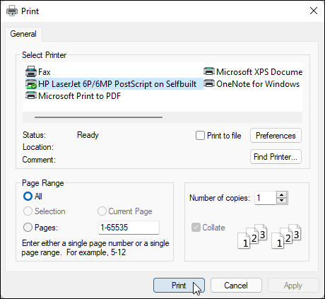 Snapshot of the Print window lets you choose your printer and adjust its settings.