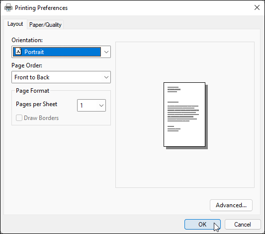 Snapshot of the Printing Preferences window lets you change settings specific to your printer model.