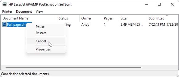 Snapshot of using the print queue to cancel a print job.