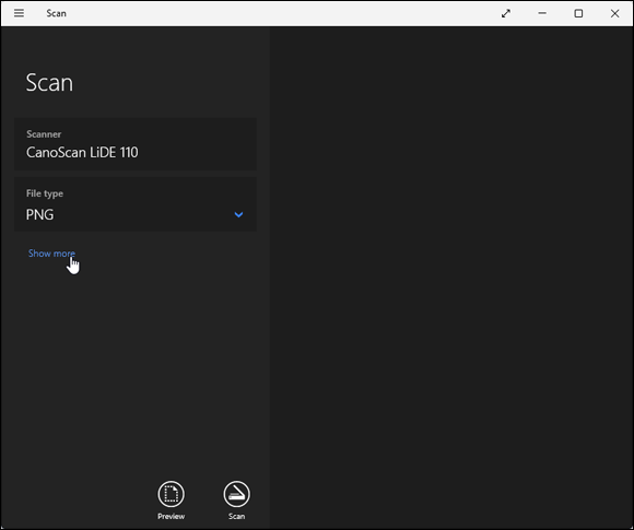Snapshot of clicking the Show More link for additional options, or click Preview to test a scan.