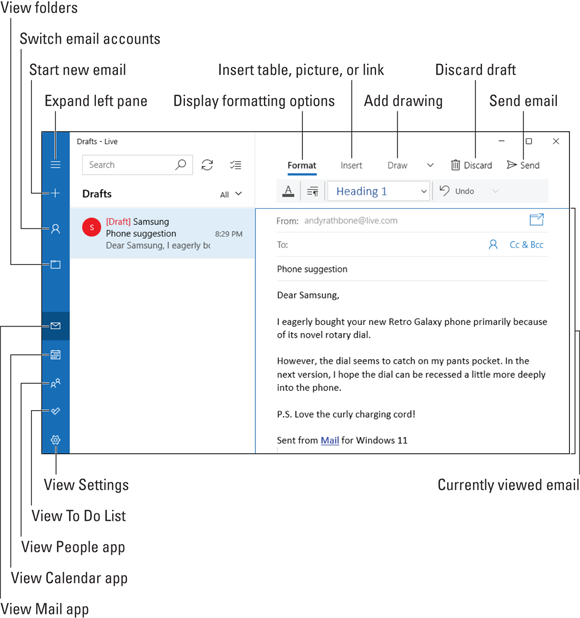 Snapshot of the Mail app resizes to adjust to different sized screens and windows.