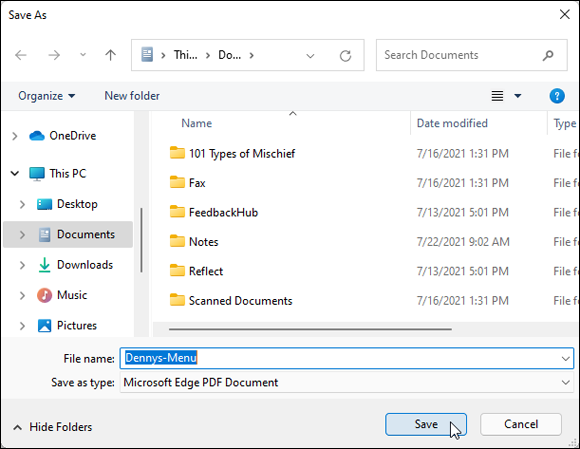 Snapshot of choosing a folder, and click Save.