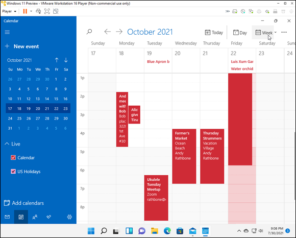 Snapshot of the Calendar app displays appointments you add manually and from your online calendars.