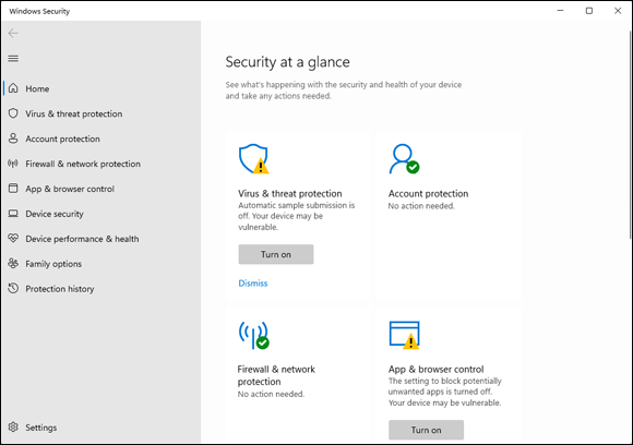 Snapshot of the Windows Security suite of apps helps to keep your computer safe.