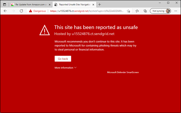 Snapshot of Microsoft Edge warns you when you visit a suspected phishing site.