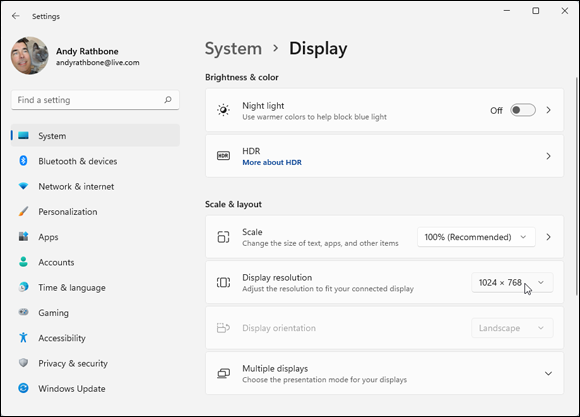 Snapshot of the Settings app’s System page opens to show the Display settings.