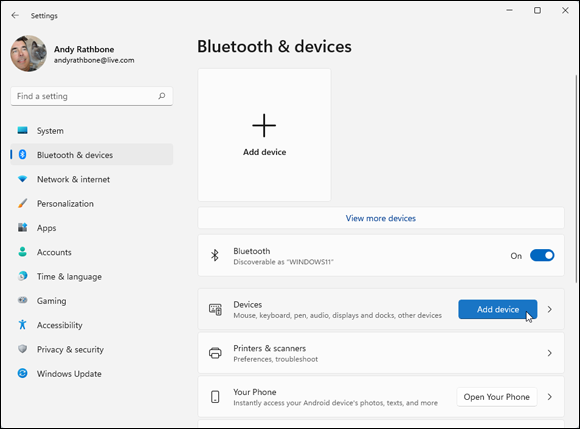 Snapshot of clicking Add Device, to add a Bluetooth wireless gadget.