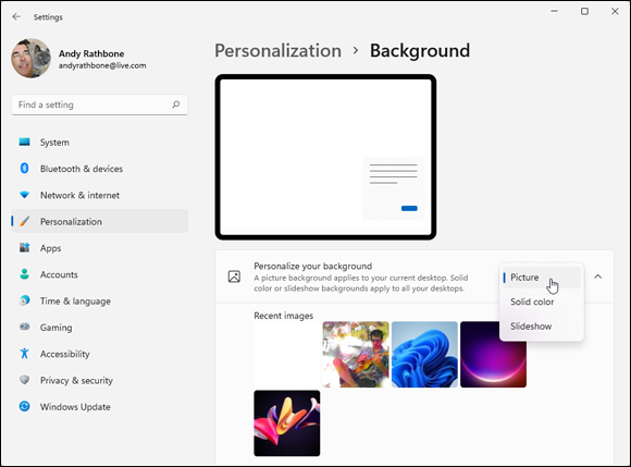 Snapshot of the Personalization category lets you control how Windows looks on your PC.