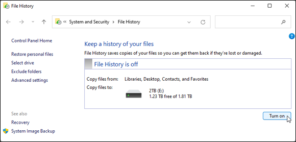 Snapshot of clicking the Turn on button to start File History.