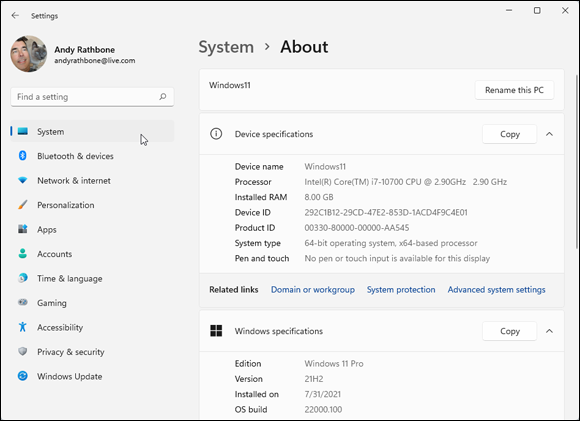 Snapshot of clicking the System category provides technical information about your PC.