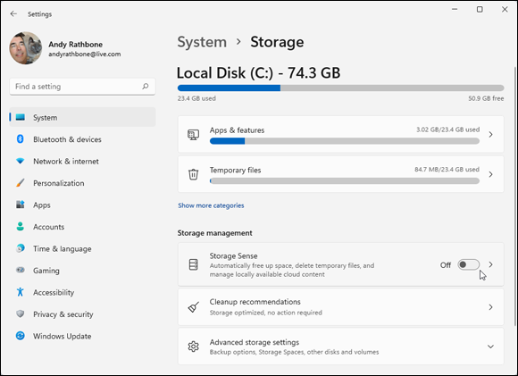 Snapshot of the Storage section offers many ways to increase storage space on your PC.