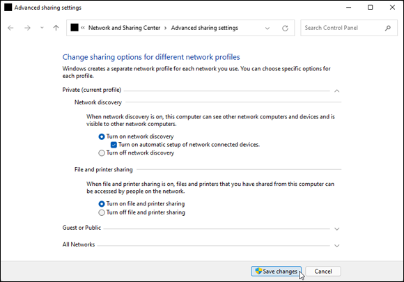 Snapshot of the Advanced Sharing settings page lets you confirm page lets you fine-tune your network settings.