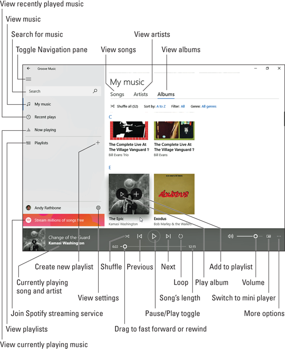 Snapshot of the Groove Music app plays music stored on your PC.