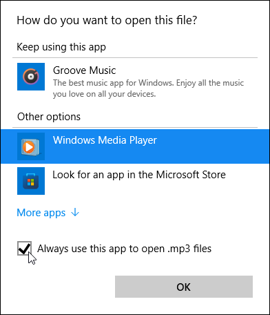 Snapshot of choosing Windows Media Player to let it play your music.