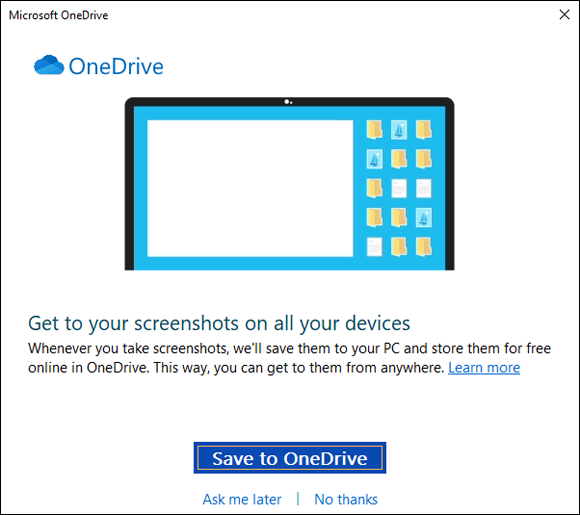 Snapshot of asking do you want to save your screenshots to OneDrive.