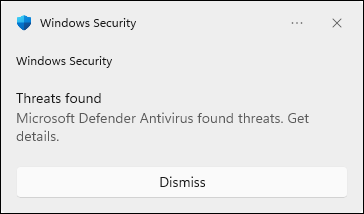 Snapshot of Microsoft Defender Antivirus has found and removed a potentially dangerous file on your computer.