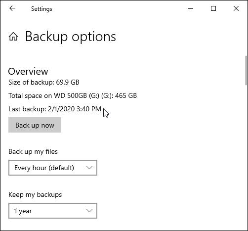 Snapshot of telling Windows to use your new drive to back up your files.