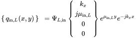 StartLayout 1st Row 1st Column Start 1 By 1 Matrix 1st Row q Subscript in comma upper L Baseline left-parenthesis x comma y right-parenthesis EndMatrix 2nd Column equals upper Psi Subscript upper L comma in Baseline Start 4 By 1 Matrix 1st Row k Subscript x Baseline 2nd Row j mu Subscript in comma upper L Baseline 3rd Row 0 4th Row 0 EndMatrix e Superscript mu Super Subscript in comma upper L Superscript y Baseline e Superscript minus j k Super Subscript x Superscript x EndLayout