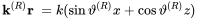 StartLayout 1st Row 1st Column bold k Superscript left-parenthesis upper R right-parenthesis Baseline bold r 2nd Column equals k left-parenthesis sine theta Superscript left-parenthesis upper R right-parenthesis Baseline x plus cosine theta Superscript left-parenthesis upper R right-parenthesis Baseline z right-parenthesis EndLayout