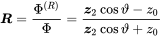 bold-italic upper R equals StartFraction normal upper Phi Superscript left-parenthesis upper R right-parenthesis Baseline Over normal upper Phi EndFraction equals StartFraction bold-italic z 2 cosine theta minus z 0 Over bold-italic z 2 cosine theta plus z 0 EndFraction