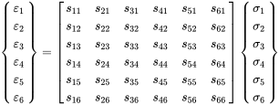 Start 6 By 1 Matrix 1st Row epsilon 1 2nd Row epsilon 2 3rd Row epsilon 3 4th Row epsilon 4 5th Row epsilon 5 6th Row epsilon 6 EndMatrix equals Start 6 By 6 Matrix 1st Row 1st Column s 11 2nd Column s 21 3rd Column s 31 4th Column s 41 5th Column s 51 6th Column s 61 2nd Row 1st Column s 12 2nd Column s 22 3rd Column s 32 4th Column s 42 5th Column s 52 6th Column s 62 3rd Row 1st Column s 13 2nd Column s 23 3rd Column s 33 4th Column s 43 5th Column s 53 6th Column s 63 4th Row 1st Column s 14 2nd Column s 24 3rd Column s 34 4th Column s 44 5th Column s 54 6th Column s 64 5th Row 1st Column s 15 2nd Column s 25 3rd Column s 35 4th Column s 45 5th Column s 55 6th Column s 65 6th Row 1st Column s 16 2nd Column s 26 3rd Column s 36 4th Column s 46 5th Column s 56 6th Column s 66 EndMatrix Start 6 By 1 Matrix 1st Row sigma 1 2nd Row sigma 2 3rd Row sigma 3 4th Row sigma 4 5th Row sigma 5 6th Row sigma 6 EndMatrix