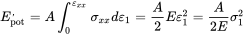 upper E prime Subscript pot Baseline equals upper A integral Subscript 0 Superscript epsilon Subscript x x Baseline Baseline sigma Subscript x x Baseline d epsilon 1 equals StartFraction upper A Over 2 EndFraction upper E epsilon 1 squared equals StartFraction upper A Over 2 upper E EndFraction sigma 1 squared