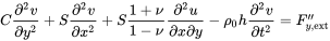 upper C StartFraction partial-differential squared v Over partial-differential y squared EndFraction plus upper S StartFraction partial-differential squared v Over partial-differential x squared EndFraction plus upper S StartFraction 1 plus nu Over 1 minus nu EndFraction StartFraction partial-differential squared u Over partial-differential x partial-differential y EndFraction minus rho 0 h StartFraction partial-differential squared v Over partial-differential t squared EndFraction equals upper F double-prime Subscript y comma ext