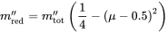 m double-prime Subscript red Baseline equals m double-prime Subscript tot Baseline left-parenthesis one-fourth minus left-parenthesis mu minus 0.5 right-parenthesis squared right-parenthesis