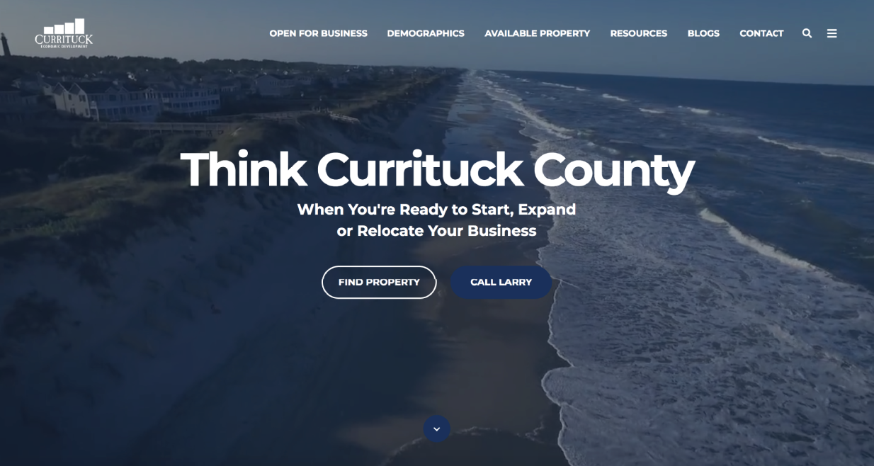 Snapshot of North Carolina’s Currituck County Economic Development home page.