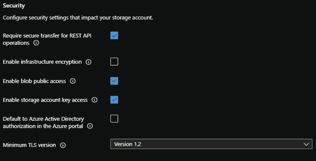 Schematic illustration of Create a Storage Account: Advanced tab security configurations