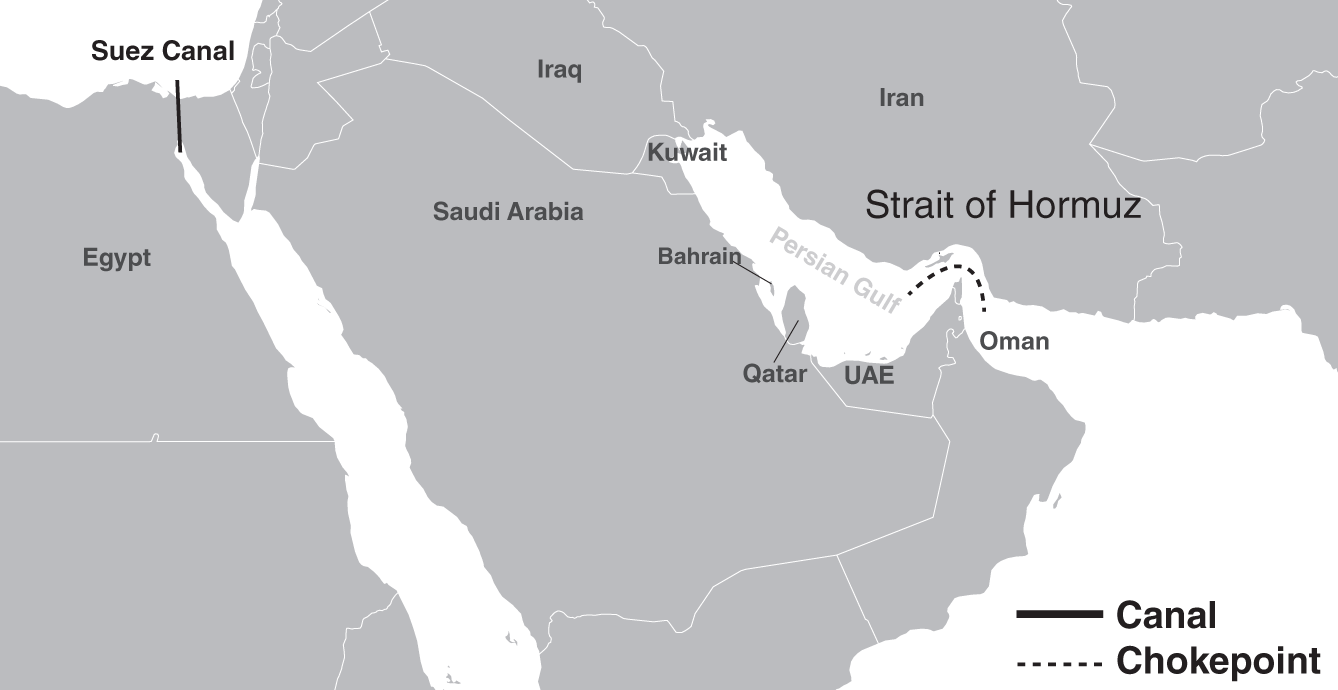 Schematic illustration of the Suez Canal and the Strait of Hormuz