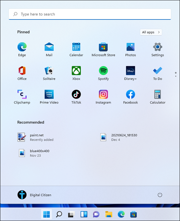 Snapshot of the Start menu is simpler and better than it was in Windows 10.
