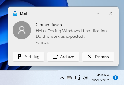 Snapshot shows a new email notification in Windows 11.