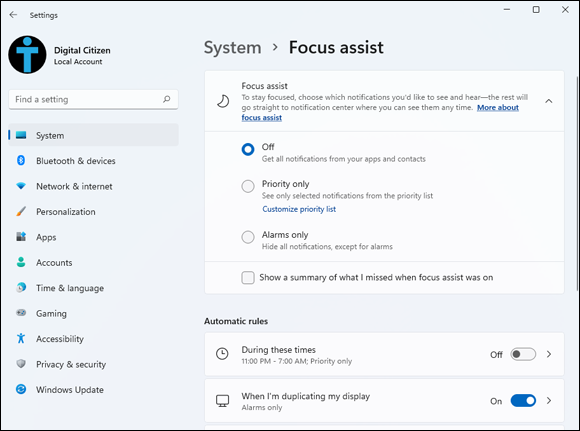 Snapshot shows Focus Assist settings.